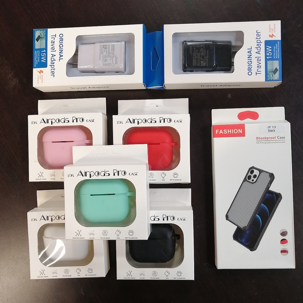 Airpods Pro silicone protective case, iPhone 11,12,13 case and travel adapter